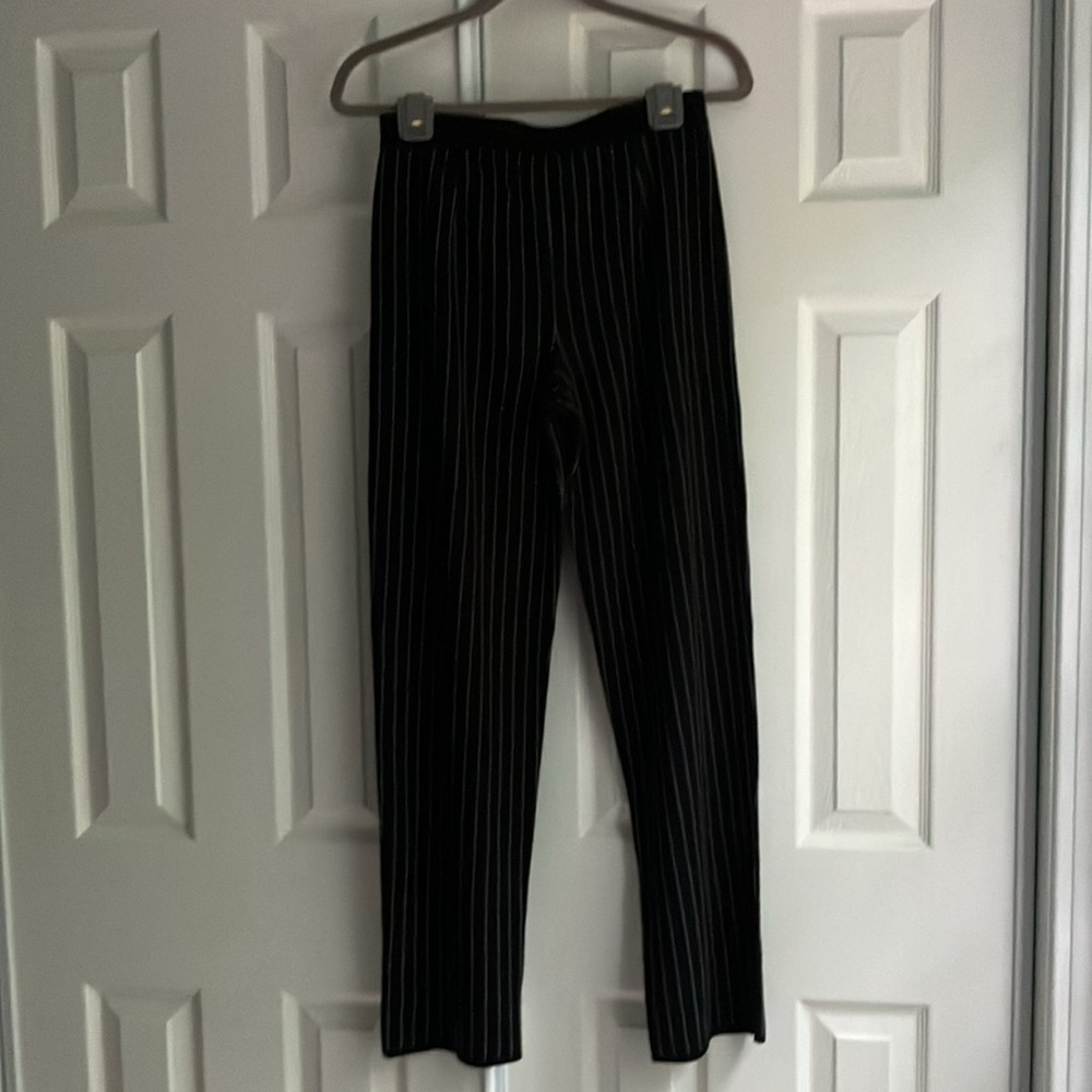 Exclusively Misook dress pants slacks black striped pull on long straight leg S